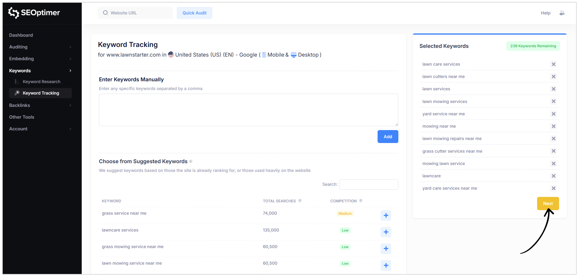 Cliquez sur Suivant pour ajouter des mots-clés